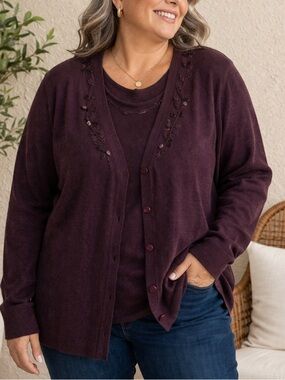 Bice Woman Burgundy Layered Look Cardigan Sweater 2X Embroidered Button Front